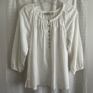LOFT White Clip Dot 3/4 Sleeve Cotton Peasant Boho Top Blouse XS
